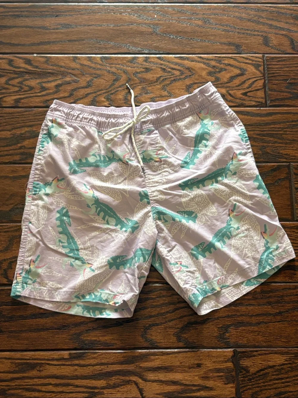 Men's Light Pink Tropical Swim Trunks with Teal Leaf Print